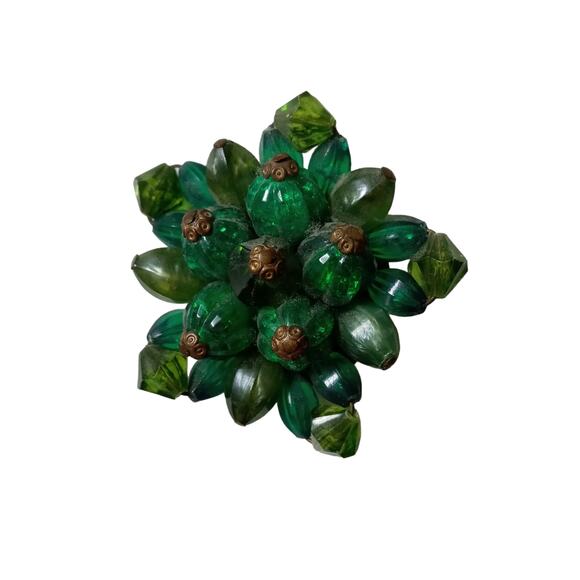 Vintage Green Cluster Brooch Signed Bronze Tone Beaded VTG - Picture 10 of 13
